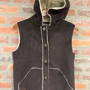 Vtg Ralph Lauren hooded brown faux suede Vest  faux leather shearling petite S